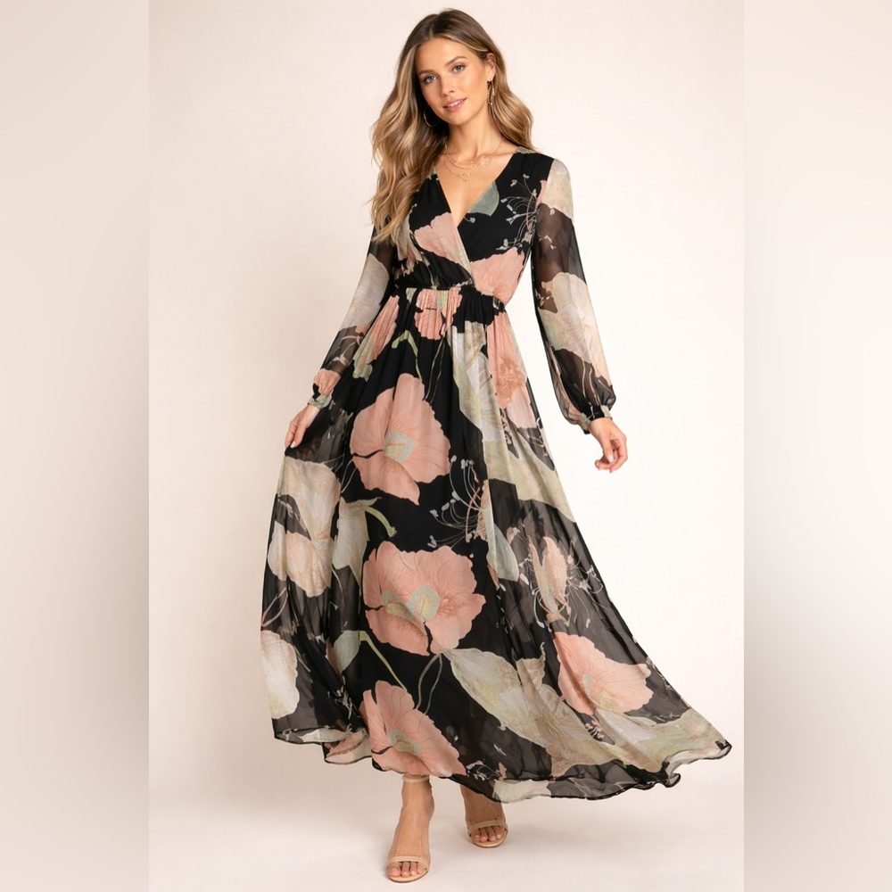 Lulus Black Floral Maxi Dress XS Long Sleeve Surplice Boho Wedding Guest
